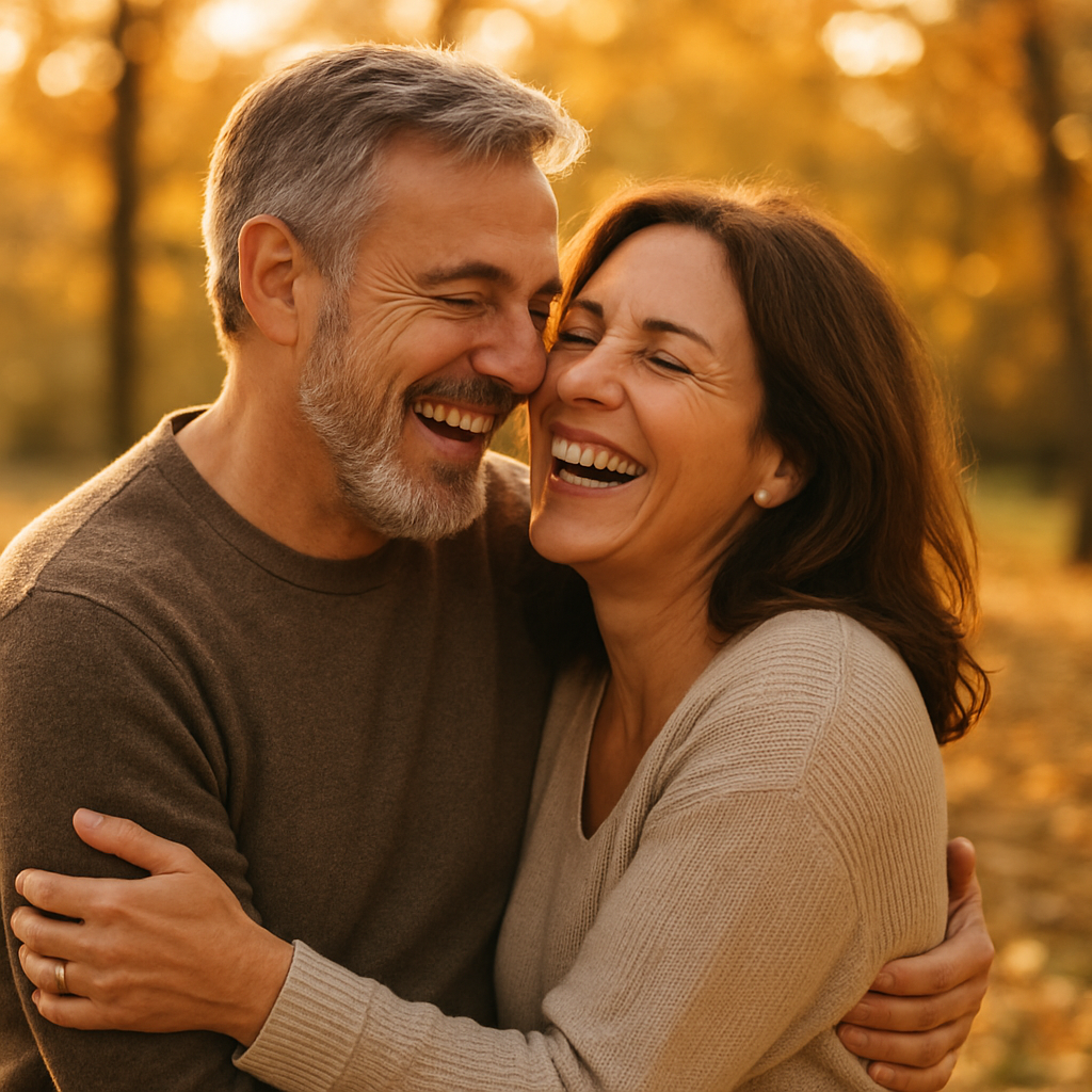 A happy couple embracing and laughing together outdoors